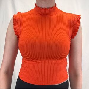 ZARA Women's Bright Orange Ribbed T Tee Shirt S SM Small Lettuce Edge Mock Neck